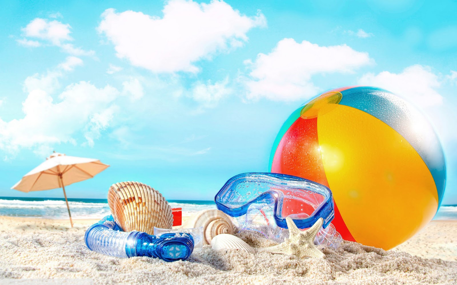 zomer wallpaper strandbal snorkel duikbril zeester schelpen parasol strand foto zee